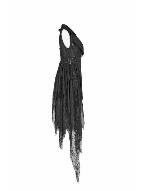 Front Metal Retro Button Side Hasp Asymmetric Lace Hem Black Gothic Chiffon Vest