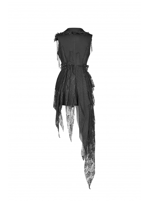 Front Metal Retro Button Side Hasp Asymmetric Lace Hem Black Gothic Chiffon Vest