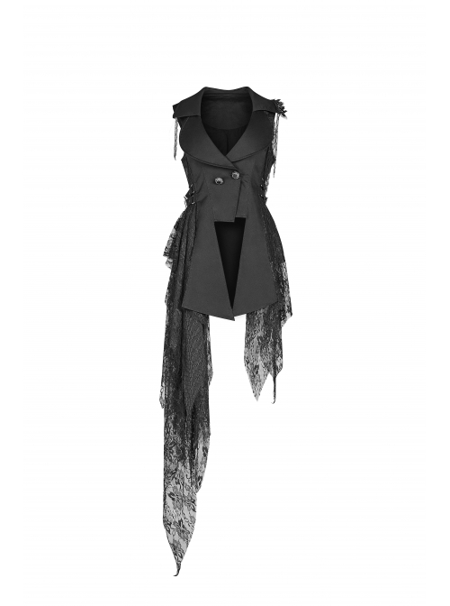 Front Metal Retro Button Side Hasp Asymmetric Lace Hem Black Gothic Chiffon Vest