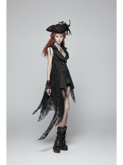 Front Metal Retro Button Side Hasp Asymmetric Lace Hem Black Gothic Chiffon Vest
