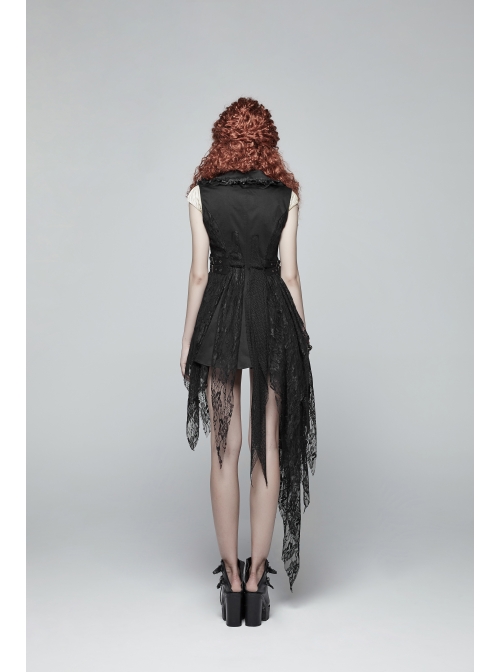 Front Metal Retro Button Side Hasp Asymmetric Lace Hem Black Gothic Chiffon Vest