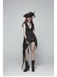 Front Metal Retro Button Side Hasp Asymmetric Lace Hem Black Gothic Chiffon Vest