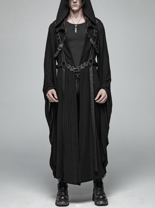 Front Chest Metal Buckle Leather Strap Long Sleeve Black Punk Hooded Coat