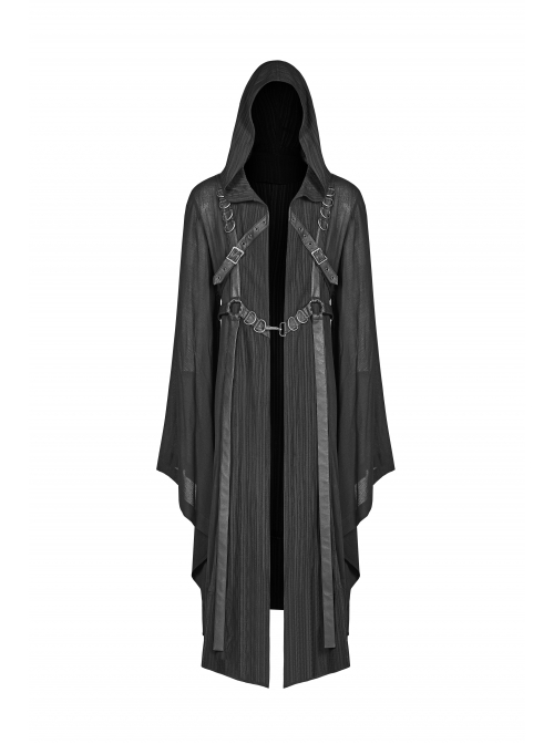 Front Chest Metal Buckle Leather Strap Long Sleeve Black Punk Hooded Coat