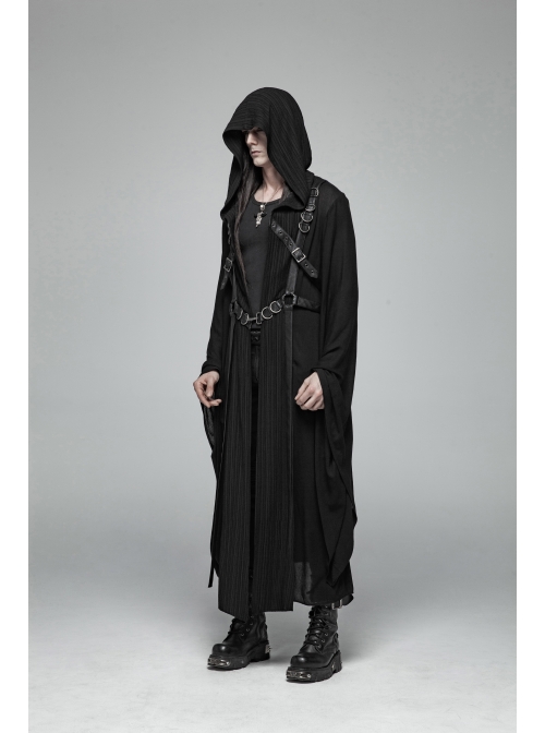 Front Chest Metal Buckle Leather Strap Long Sleeve Black Punk Hooded Coat