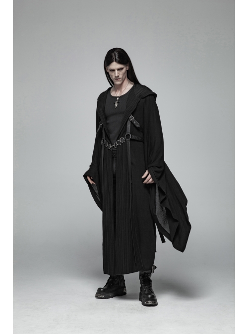Front Chest Metal Buckle Leather Strap Long Sleeve Black Punk Hooded Coat