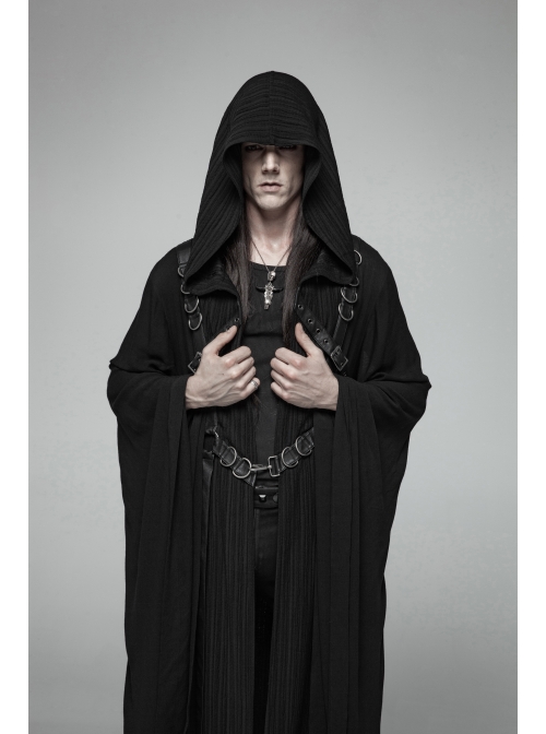 Front Chest Metal Buckle Leather Strap Long Sleeve Black Punk Hooded Coat