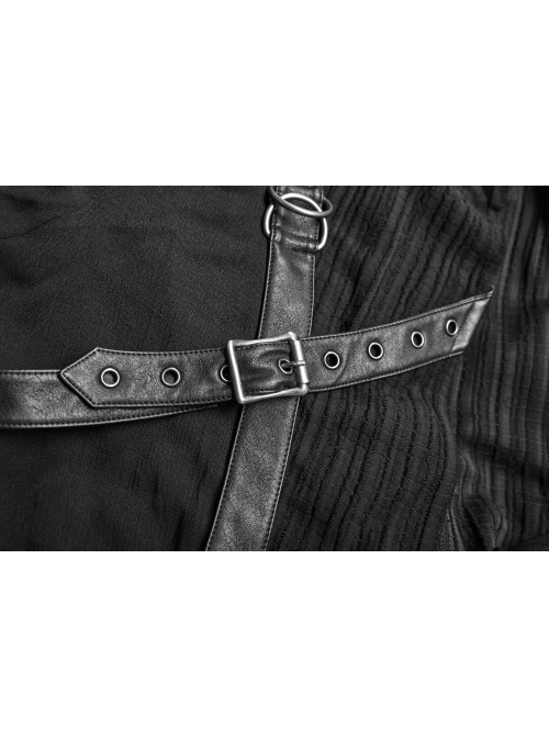 Front Chest Metal Buckle Leather Strap Long Sleeve Black Punk Hooded Coat