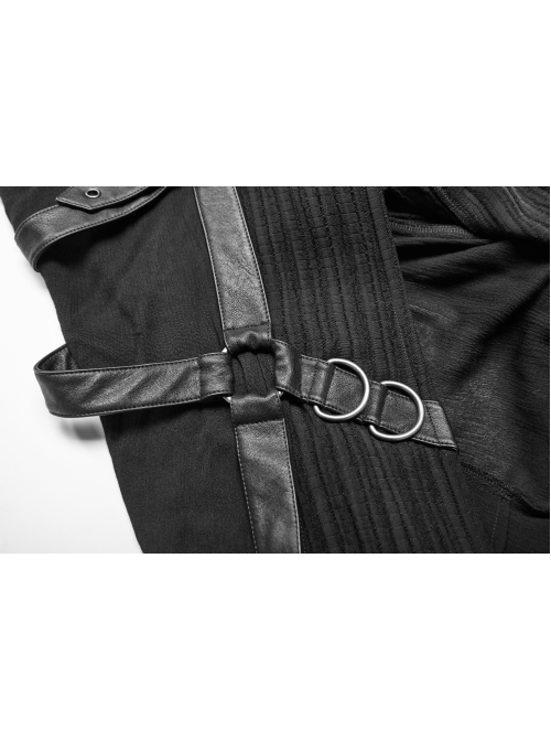 Front Chest Metal Buckle Leather Strap Long Sleeve Black Punk Hooded Coat