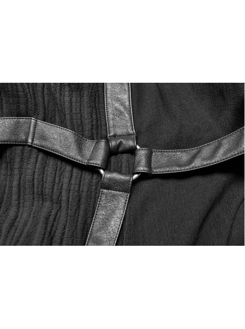 Front Chest Metal Buckle Leather Strap Long Sleeve Black Punk Hooded Coat