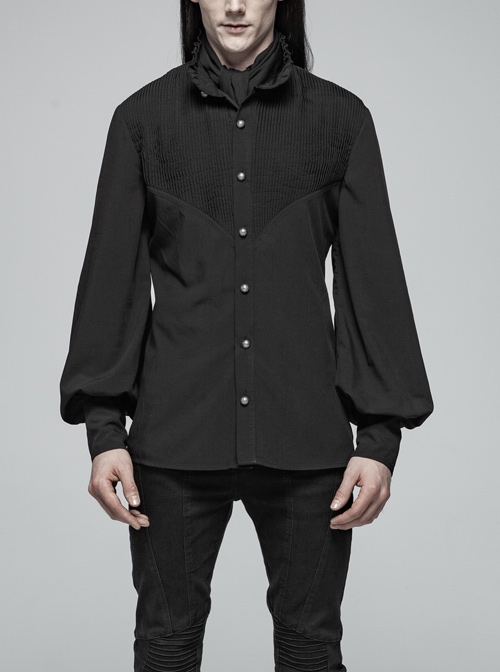 High Collar Metal Retro Button Front Chest Pressure Pleated Lantern Sleeve Black Gothic Shirt