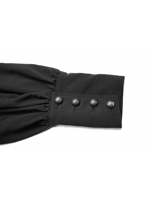 High Collar Metal Retro Button Front Chest Pressure Pleated Lantern Sleeve Black Gothic Shirt