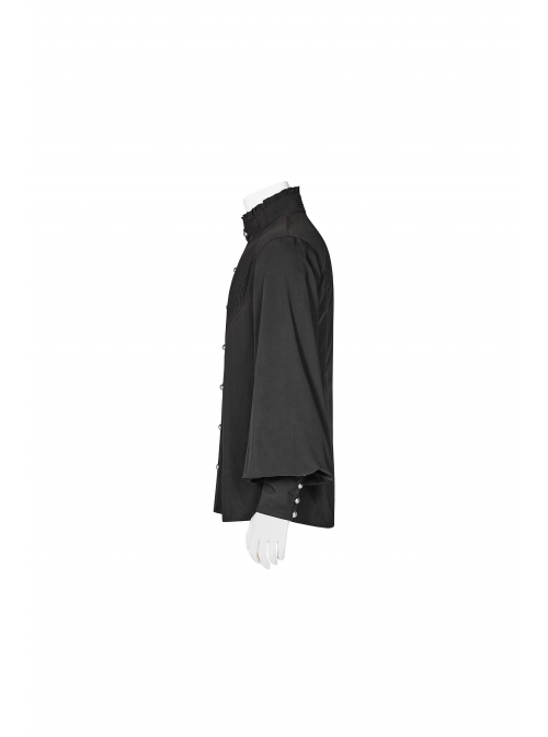 High Collar Metal Retro Button Front Chest Pressure Pleated Lantern Sleeve Black Gothic Shirt