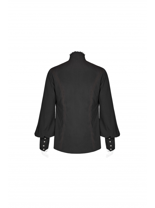 High Collar Metal Retro Button Front Chest Pressure Pleated Lantern Sleeve Black Gothic Shirt