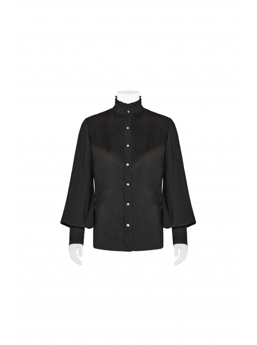 High Collar Metal Retro Button Front Chest Pressure Pleated Lantern Sleeve Black Gothic Shirt