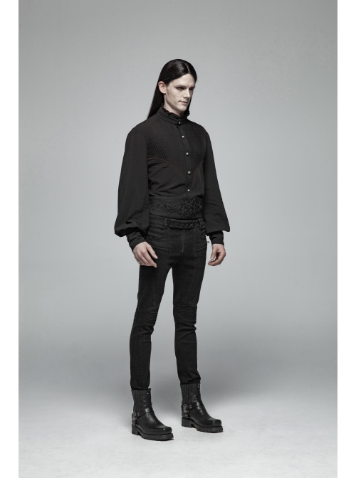 High Collar Metal Retro Button Front Chest Pressure Pleated Lantern Sleeve Black Gothic Shirt
