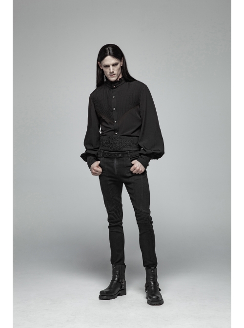 High Collar Metal Retro Button Front Chest Pressure Pleated Lantern Sleeve Black Gothic Shirt
