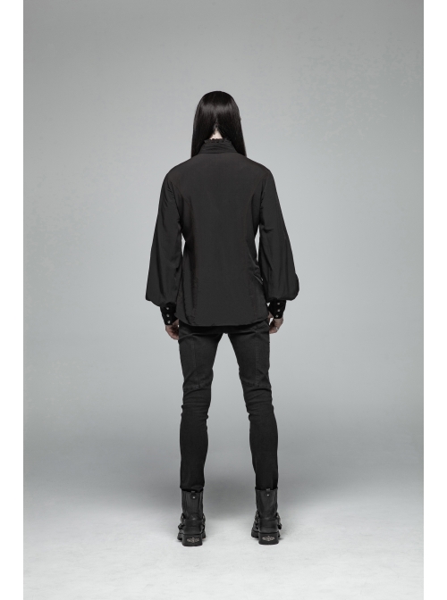 High Collar Metal Retro Button Front Chest Pressure Pleated Lantern Sleeve Black Gothic Shirt