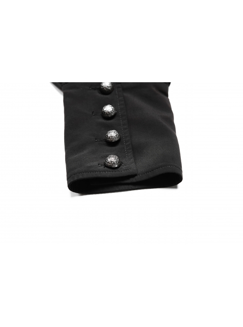 High Collar Metal Retro Button Front Chest Pressure Pleated Lantern Sleeve Black Gothic Shirt