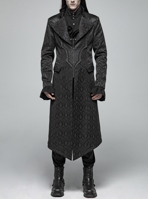 Stand-Up Collar V-Neck Front Metal Zipper Back Waist Lace-Up Black Gothic Retro Jacquard Coat