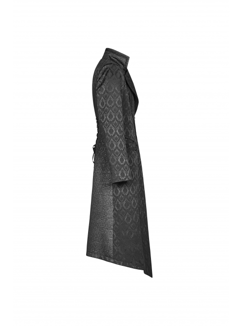 Stand-Up Collar V-Neck Front Metal Zipper Back Waist Lace-Up Black Gothic Retro Jacquard Coat