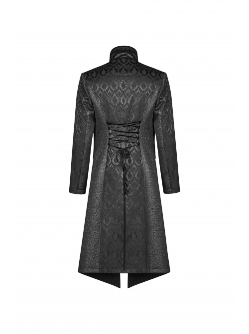 Stand-Up Collar V-Neck Front Metal Zipper Back Waist Lace-Up Black Gothic Retro Jacquard Coat