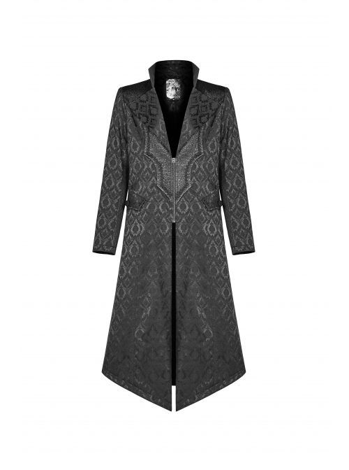 Stand-Up Collar V-Neck Front Metal Zipper Back Waist Lace-Up Black Gothic Retro Jacquard Coat