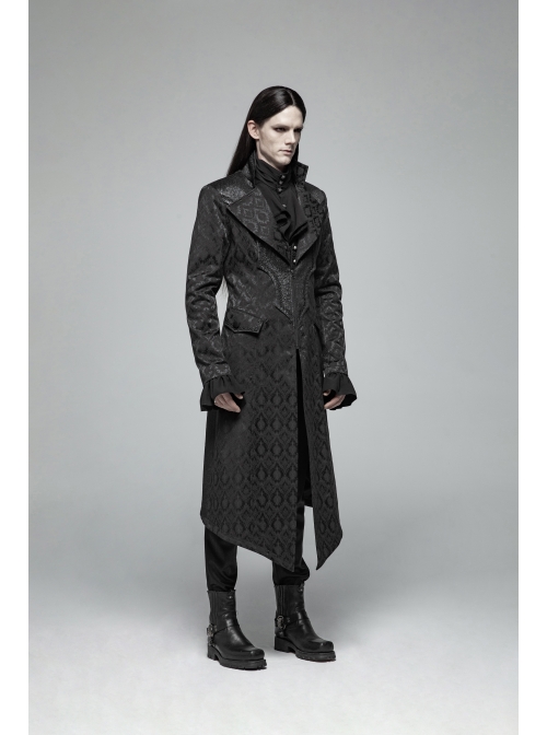 Stand-Up Collar V-Neck Front Metal Zipper Back Waist Lace-Up Black Gothic Retro Jacquard Coat