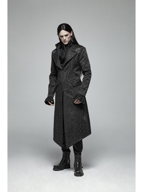 Stand-Up Collar V-Neck Front Metal Zipper Back Waist Lace-Up Black Gothic Retro Jacquard Coat