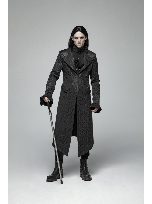 Stand-Up Collar V-Neck Front Metal Zipper Back Waist Lace-Up Black Gothic Retro Jacquard Coat