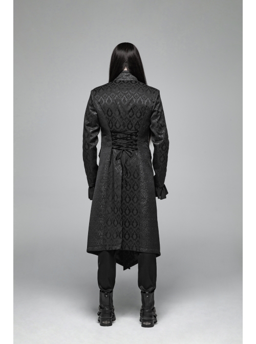 Stand-Up Collar V-Neck Front Metal Zipper Back Waist Lace-Up Black Gothic Retro Jacquard Coat