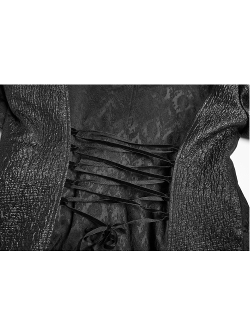 Stand-Up Collar V-Neck Front Metal Zipper Back Waist Lace-Up Black Gothic Retro Jacquard Coat