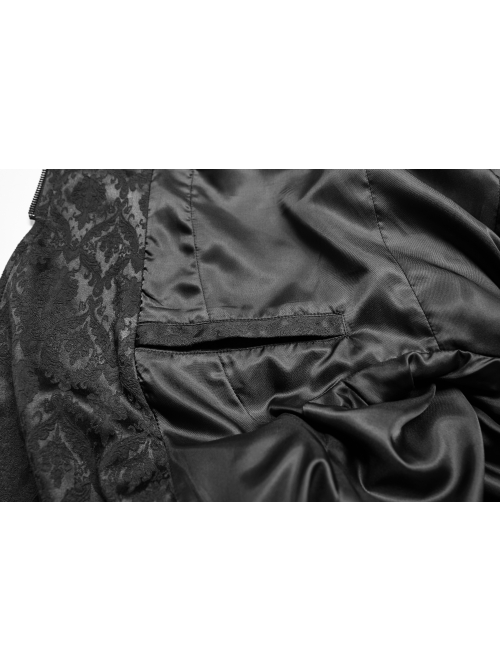 Stand-Up Collar V-Neck Front Metal Zipper Back Waist Lace-Up Black Gothic Retro Jacquard Coat