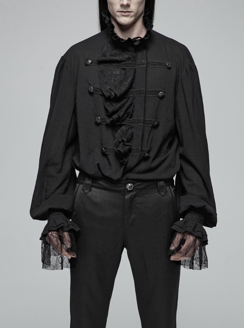 High Collar Front Chest Weave Strap Metal Retro Button Patchwork Cloth Ruffle Lantern Sleeve Lace Cuff Black Gothic Shirt