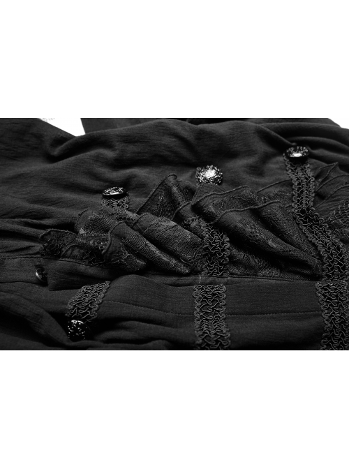 High Collar Front Chest Weave Strap Metal Retro Button Patchwork Cloth Ruffle Lantern Sleeve Lace Cuff Black Gothic Shirt