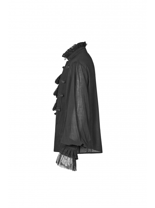 High Collar Front Chest Weave Strap Metal Retro Button Patchwork Cloth Ruffle Lantern Sleeve Lace Cuff Black Gothic Shirt