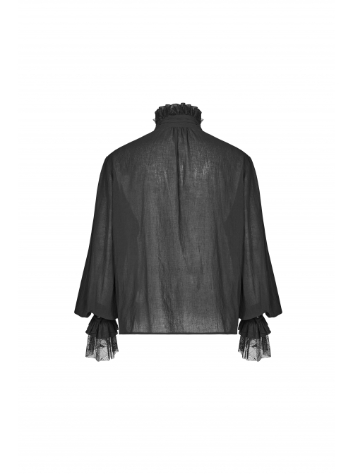 High Collar Front Chest Weave Strap Metal Retro Button Patchwork Cloth Ruffle Lantern Sleeve Lace Cuff Black Gothic Shirt