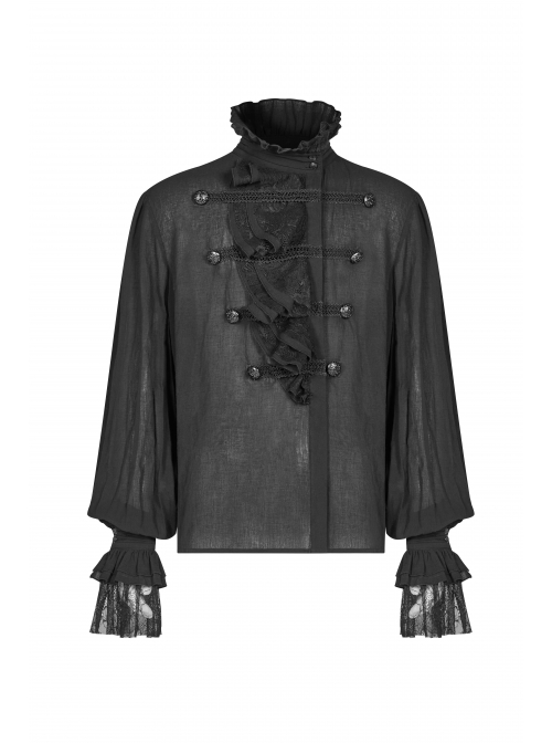 High Collar Front Chest Weave Strap Metal Retro Button Patchwork Cloth Ruffle Lantern Sleeve Lace Cuff Black Gothic Shirt