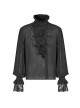 High Collar Front Chest Weave Strap Metal Retro Button Patchwork Cloth Ruffle Lantern Sleeve Lace Cuff Black Gothic Shirt
