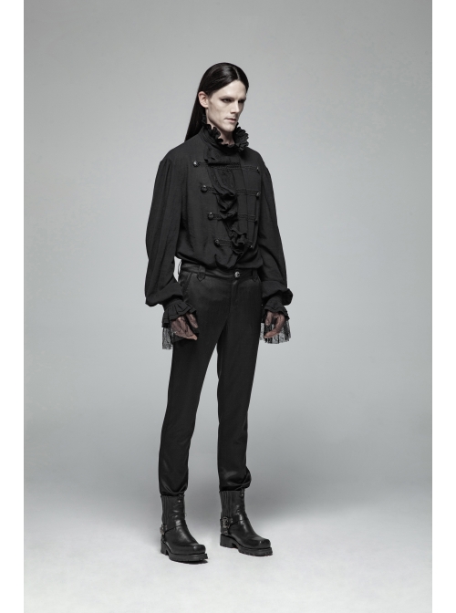 High Collar Front Chest Weave Strap Metal Retro Button Patchwork Cloth Ruffle Lantern Sleeve Lace Cuff Black Gothic Shirt