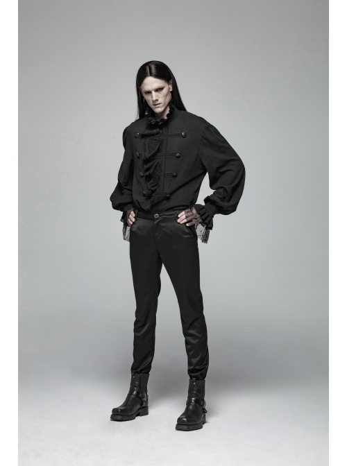 High Collar Front Chest Weave Strap Metal Retro Button Patchwork Cloth Ruffle Lantern Sleeve Lace Cuff Black Gothic Shirt