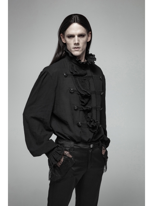 High Collar Front Chest Weave Strap Metal Retro Button Patchwork Cloth Ruffle Lantern Sleeve Lace Cuff Black Gothic Shirt
