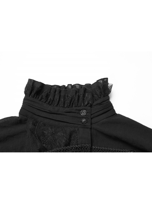 High Collar Front Chest Weave Strap Metal Retro Button Patchwork Cloth Ruffle Lantern Sleeve Lace Cuff Black Gothic Shirt