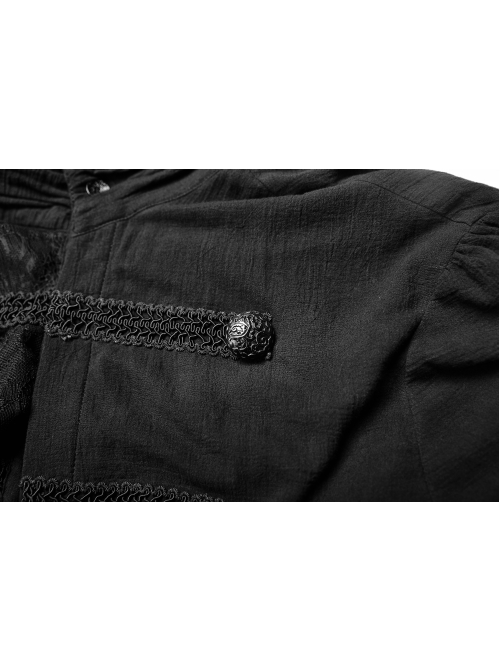 High Collar Front Chest Weave Strap Metal Retro Button Patchwork Cloth Ruffle Lantern Sleeve Lace Cuff Black Gothic Shirt