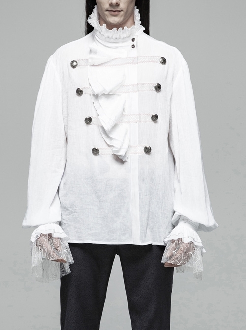 High Collar Front Chest Weave Strap Metal Retro Button Patchwork Cloth Ruffle Lantern Sleeve Lace Cuff White Gothic Shirt