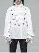 High Collar Front Chest Weave Strap Metal Retro Button Patchwork Cloth Ruffle Lantern Sleeve Lace Cuff White Gothic Shirt