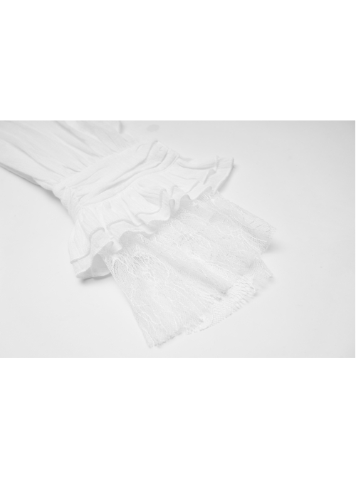 High Collar Front Chest Weave Strap Metal Retro Button Patchwork Cloth Ruffle Lantern Sleeve Lace Cuff White Gothic Shirt