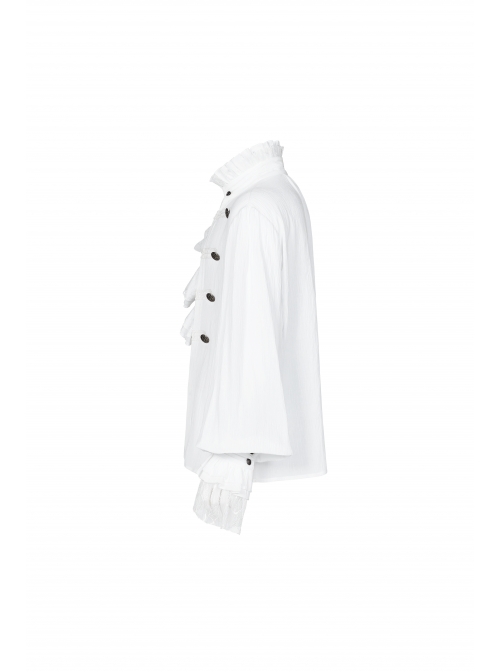 High Collar Front Chest Weave Strap Metal Retro Button Patchwork Cloth Ruffle Lantern Sleeve Lace Cuff White Gothic Shirt