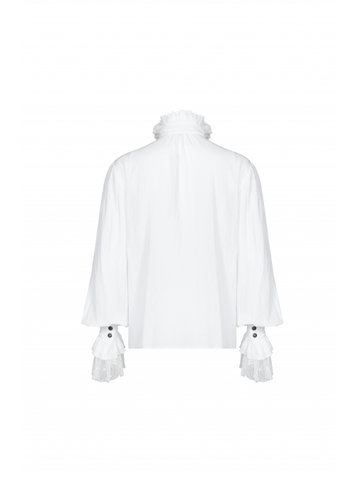 High Collar Front Chest Weave Strap Metal Retro Button Patchwork Cloth Ruffle Lantern Sleeve Lace Cuff White Gothic Shirt