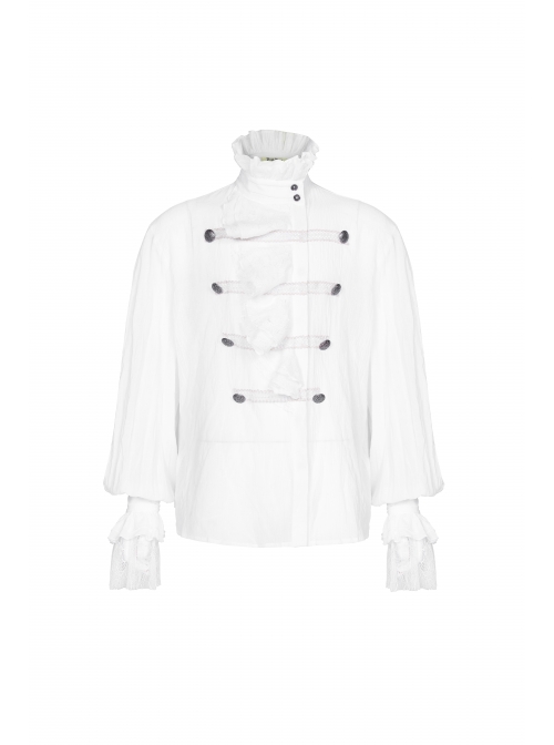 High Collar Front Chest Weave Strap Metal Retro Button Patchwork Cloth Ruffle Lantern Sleeve Lace Cuff White Gothic Shirt